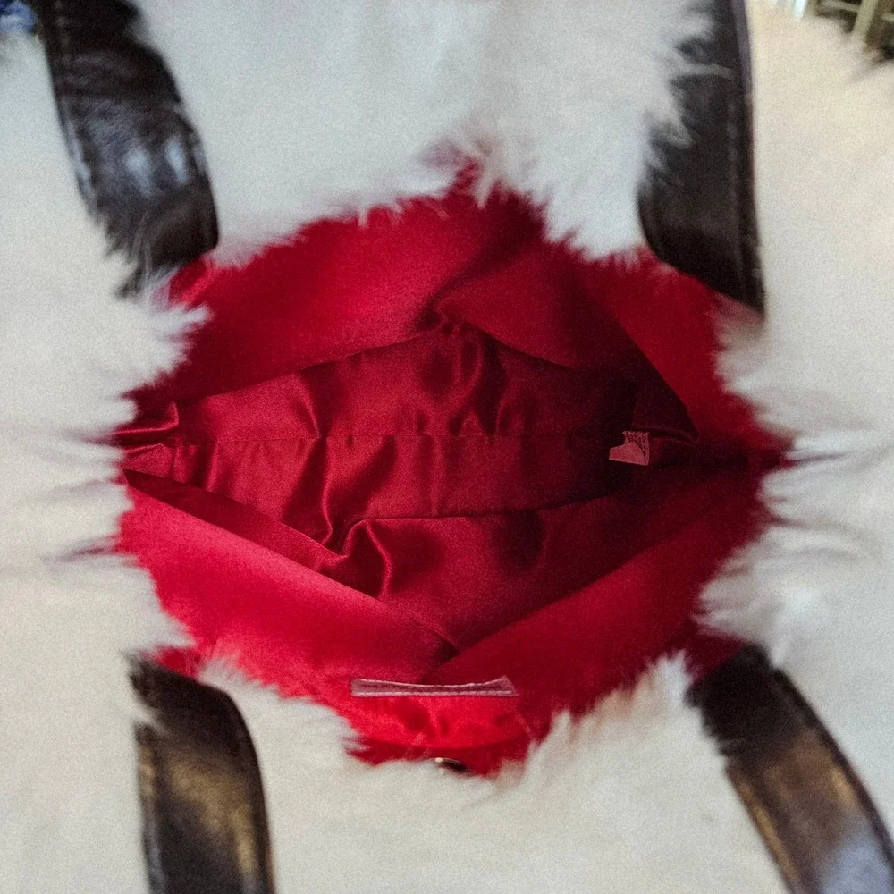 Bath Body Works Womens Red White Faux Fur Pom Pom Holiday Tote Bag Small Festive